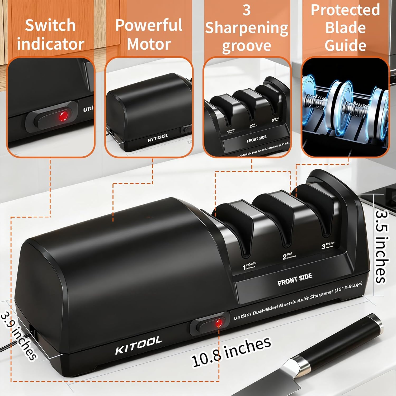 Electric Knife Sharpener, Dual-Sided 3-Stage Sharpener with 100% Diamond Abrasives, Low Noise & Smart Temperature Control, for Straight, Serrated & Ceramic Kitchen Knives