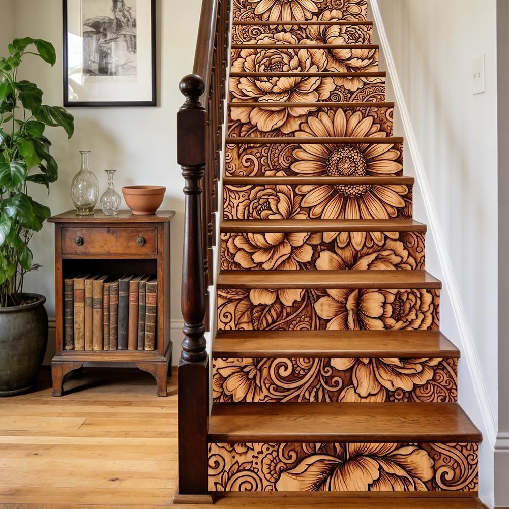 TNKBREEZE 15 Strips Boho Floral Stair Stickers Geometrical Peel and Stick Vinyl Stair Riser Decals Removable PVC Art Backsplash Tile Decals for Steps Staircase Murals Decals 39.37" W × 7.09" H