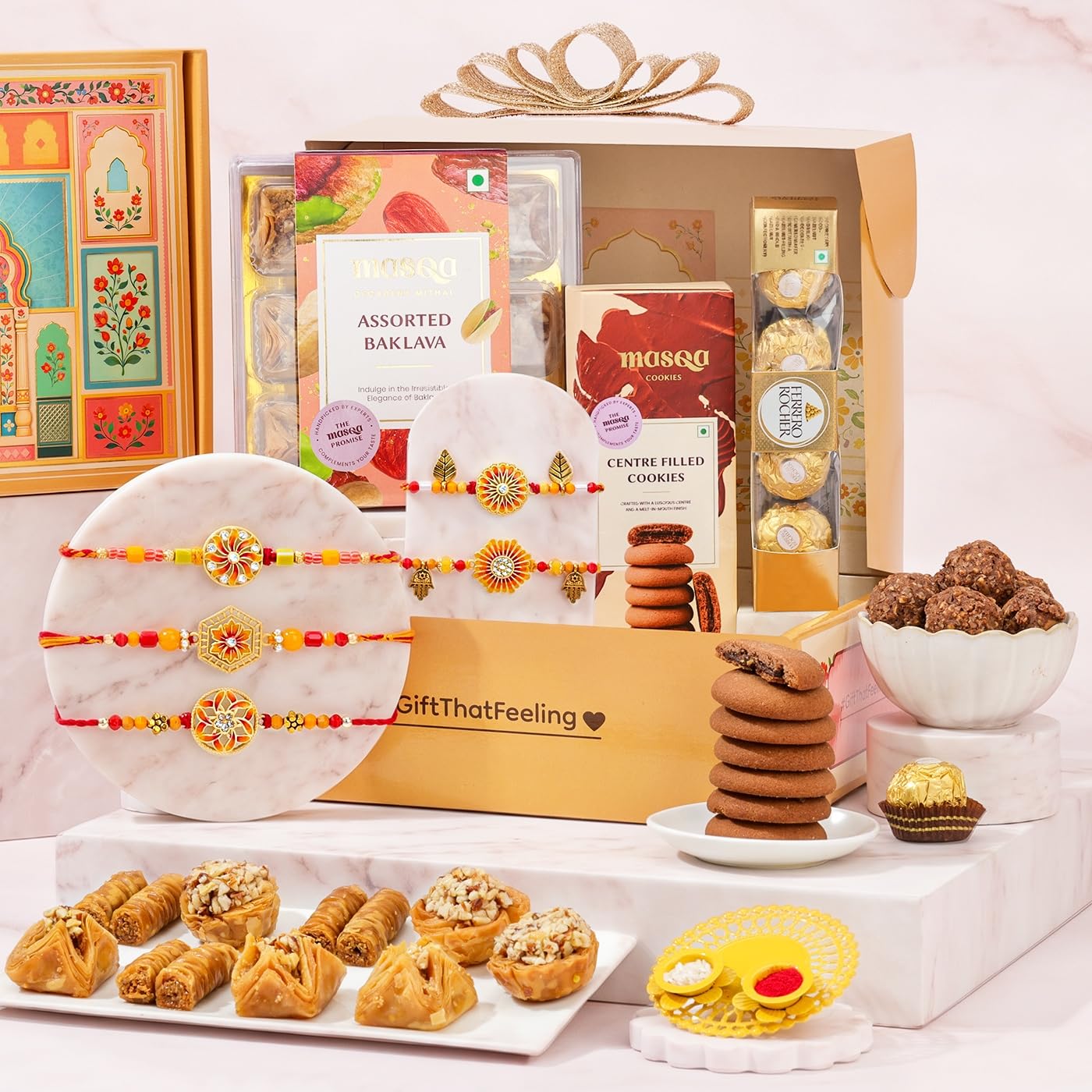 IGP Auspicious Floral Rakhi Present Hamper | Same Day Delivery | Designer Rakhis, Assorted Baklava, Chocolate Cookies, Roli Chawal Gift Box | Raksha Bandhan Present for Brothers & Sisters-image-9