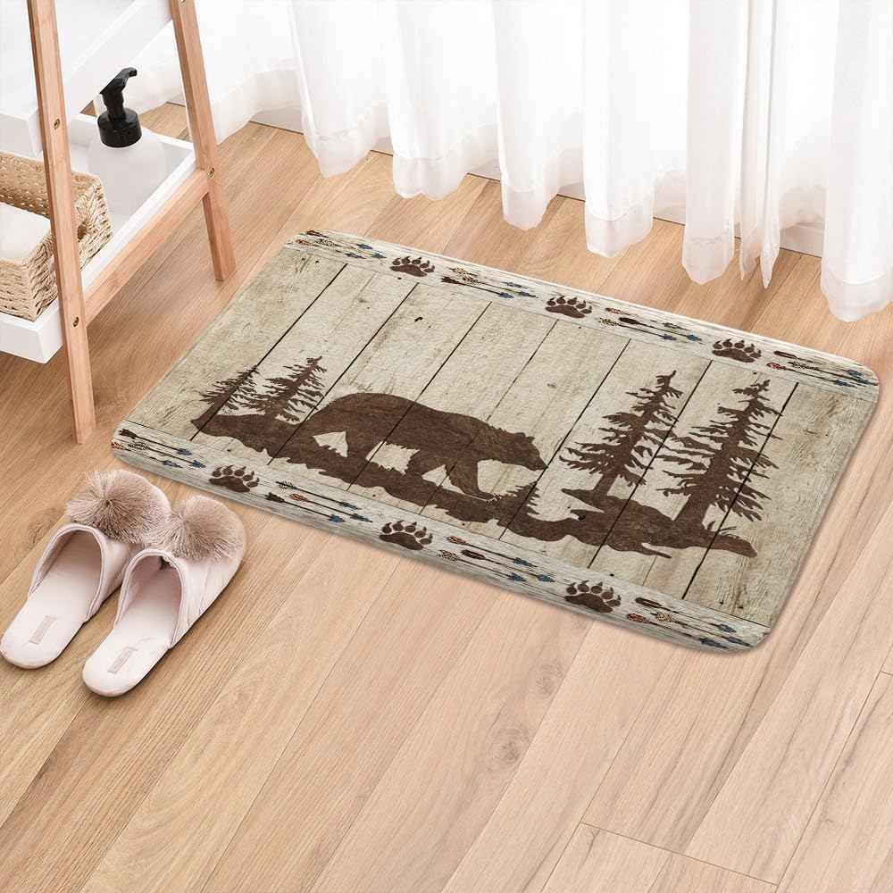 Bear Shower Curtains (72X72IN) with Rug (17X29IN) for Bathroom, Wild Animals Rustic Cabin Forest Bath Curtain Flannel Bath Floor Mat Set, Bear Print Wooden Board Fabric Accessories Restroom Decor