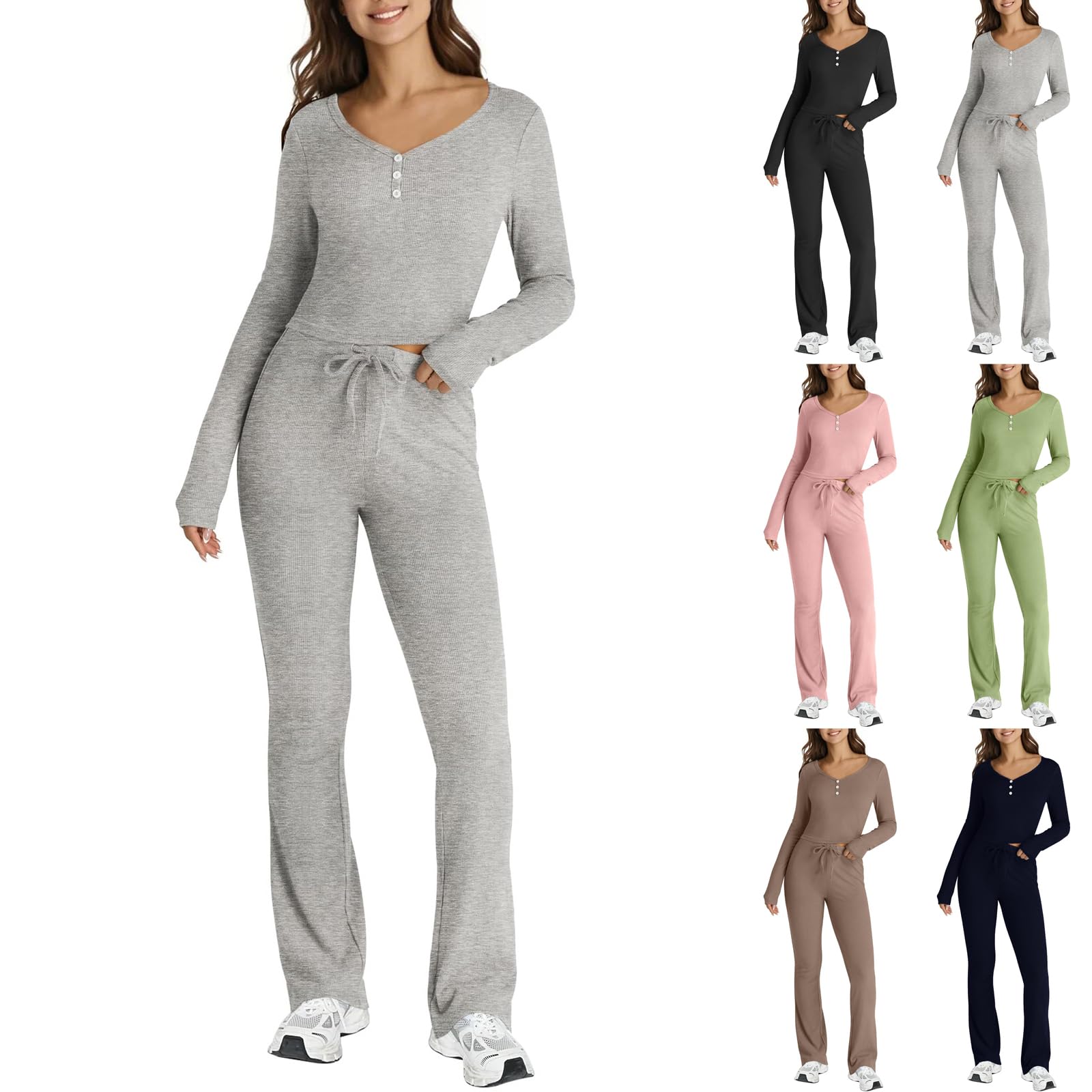 Womens 2 Piece Lounge Set V Neck Long Sleeve Crop Tops Drawstring High Waist Flare Pants Y2k Tracksuit