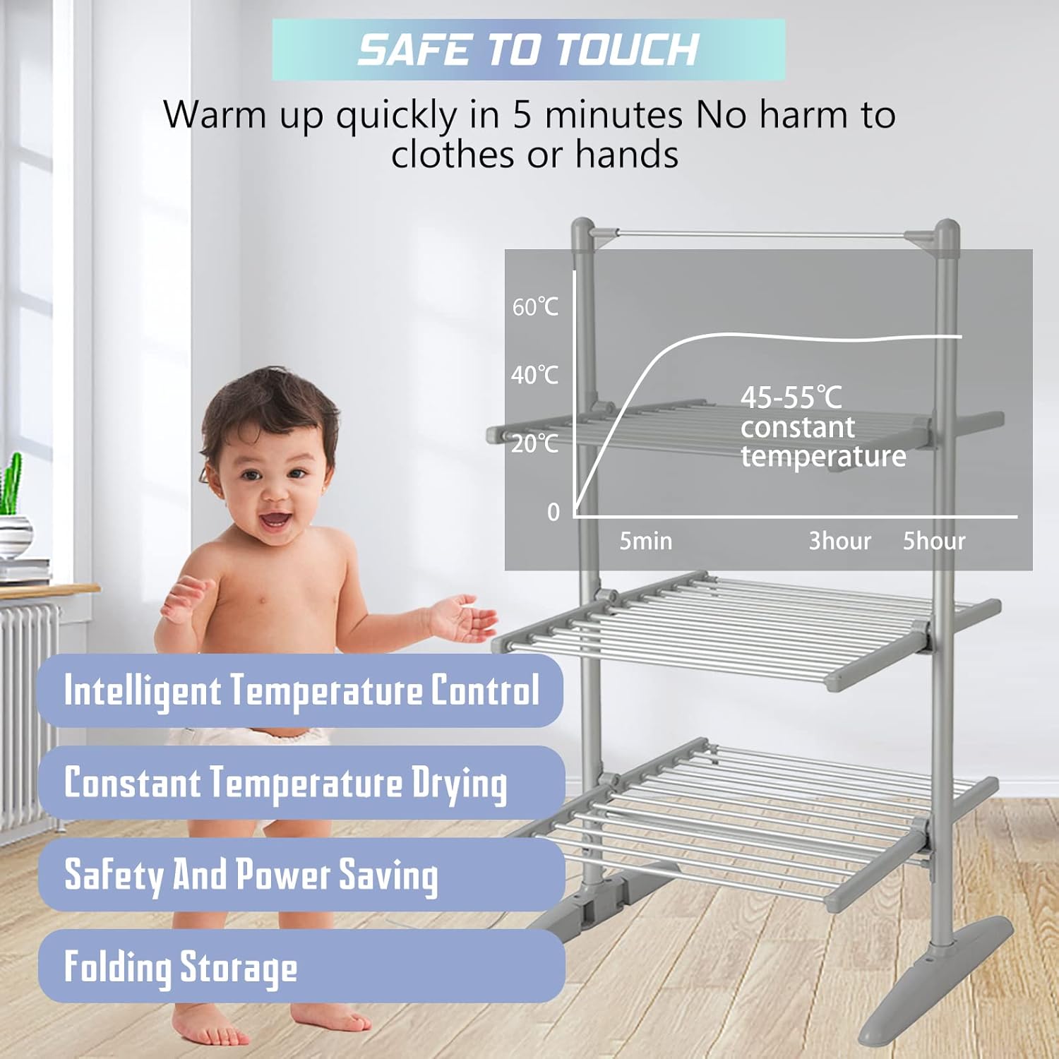 Heated Drying Rack Folding Electric Clothes Drying Rack Collapsible Laundry Drying Rack Free-Standing Heating Garment Dryer Towel Rail Space Saving for Home Indoor Outdoor