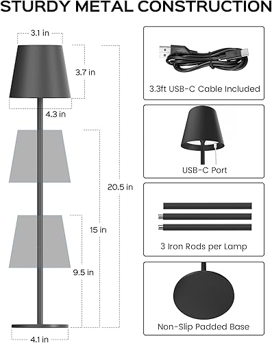 Miniatura 4 de JACKYLED Lámparas de mesa inalámbricas recargables, 3 alturas ajustables, funciona con batería de 5000 mAh, 3 colores de atenuación suave, lámpara