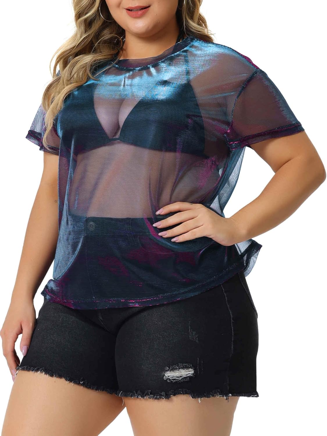 Agnes Orinda Plus Size Party Top for Women Sheer Mesh Holographic See Through Sexy Tops Blouse - Image 2