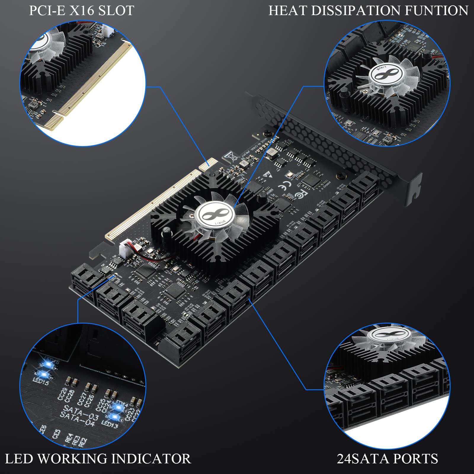 Controlador SATA Gen III de 24 Puertos a 6 Gbps Tarjeta de Expansión PCI-E 16X a SATA 3.0 Compatible con WIN11 / WIN10 / WIN8/ Linux 2.6X
