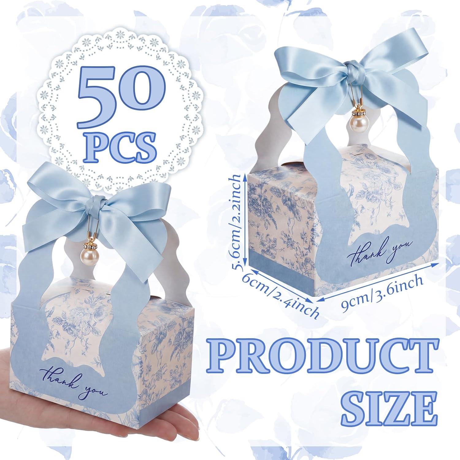 ForraFun 50 Sets Floral Wedding Favor Boxes with Pearl Pendant Bow Ribbon Floral Wedding Party Candy Boxes Bridal Gift for Guests Bridal Shower Birthday Party Anniversary Supplies(Blue) - Image 2