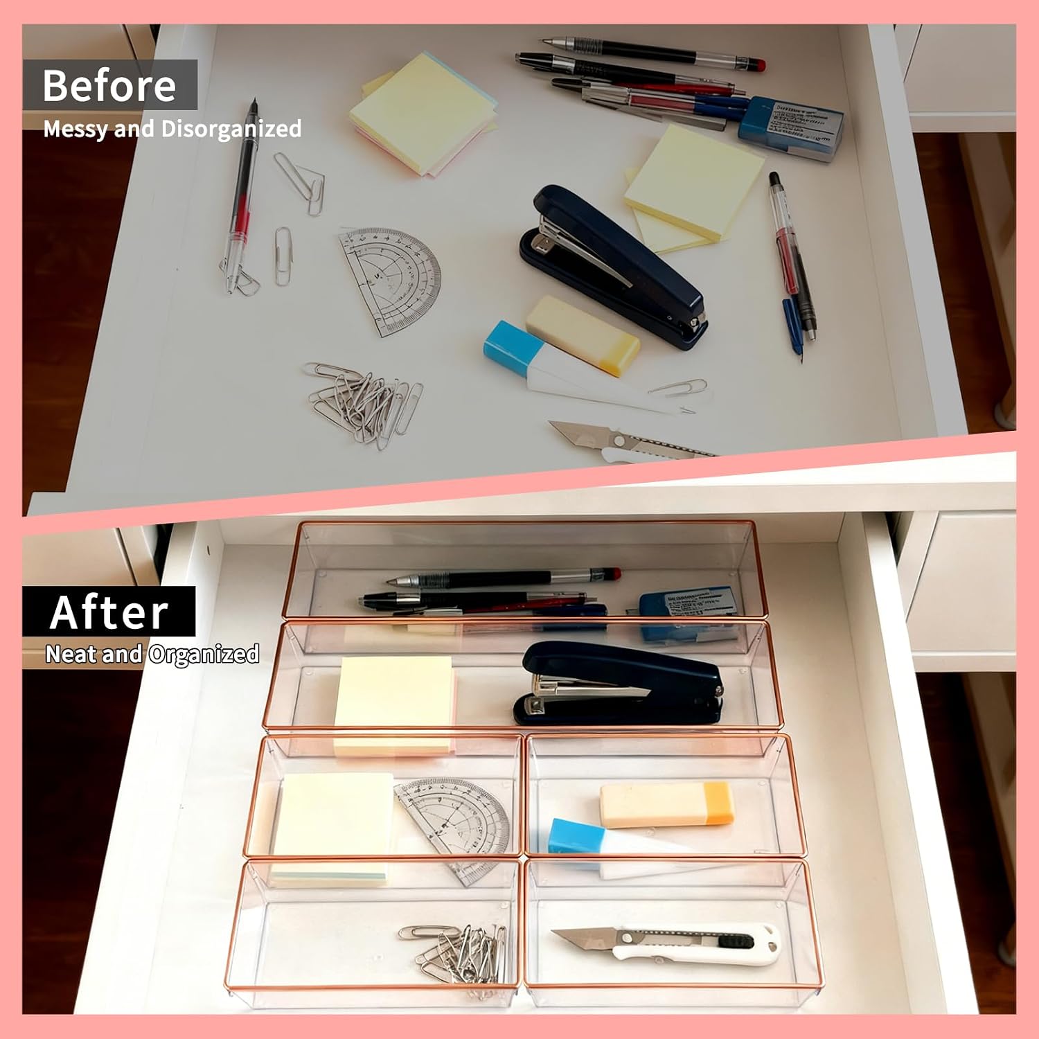 6 Pack Large Size Clear Stackable Drawer Organizer Trays, Rose Gold Rim Makeup Drawer Storage Tray Divider, Desk Storage for Makeup, Jewelry, Bathroom, Stationary, Kitchen Utensils and Office Desk image 4