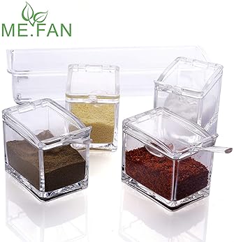 ME.FAN Clear Seasoning Rack Spice Pots - 4 Piece Acrylic Seasoning Box - Storage Container Condiment Jars - Cruet wit...