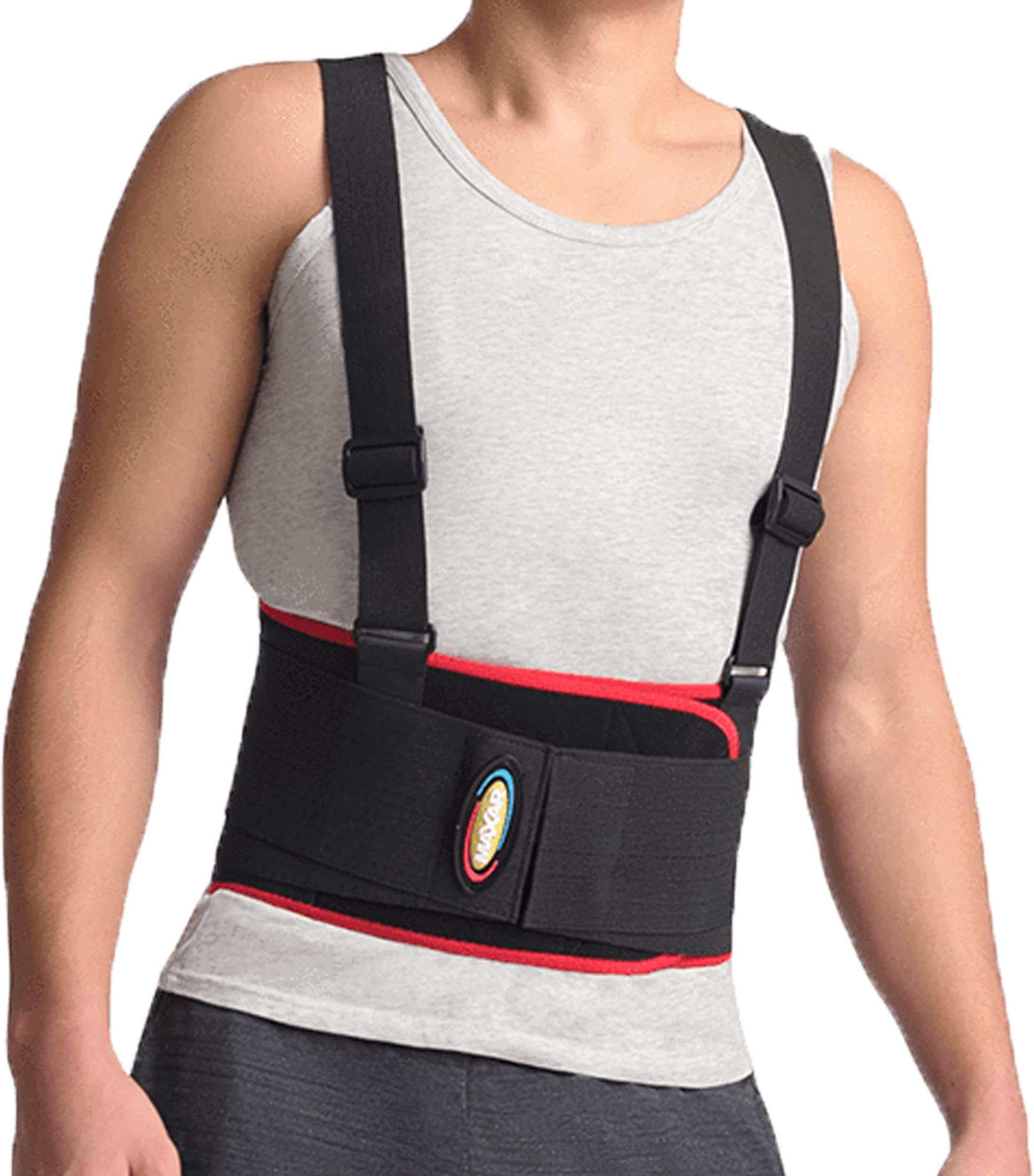 MAXAR Deluxe Back Brace for Work, Removable Suspenders/Straps, Spring Metal Stays, Ideal Support Belt for Sciatica, Herniated Disc, Lumbosacral Back Pain Relief & Heavy Lifting, Unisex (2XL)