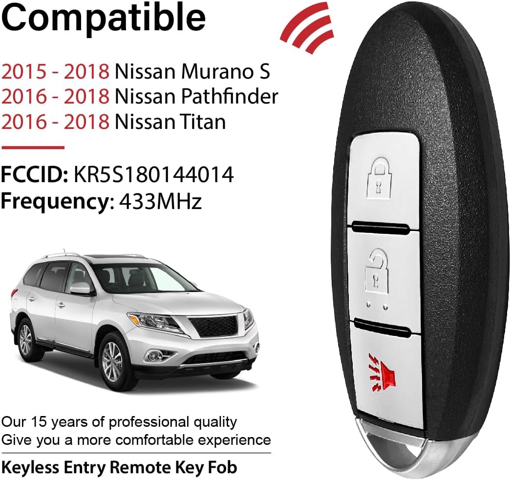 2 Keylessbest Replacement for Nissan Murano S Titan Pathfinder Key Fob Remote Control 2015 2016 2017 2018 3 Buttons 433MHz KR5S180144014,Black