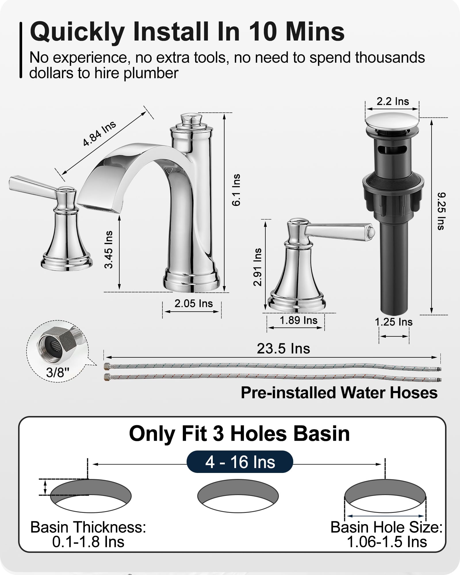 Rubinetto da bagno a cascata cromato a 3 fori, in ottone, interasse 4-16 pollici, con piletta a scomparsa, tubi di alimentazione cUPC e 2 maniglie per lavabo, bagno e toilette, installazione in 10 m