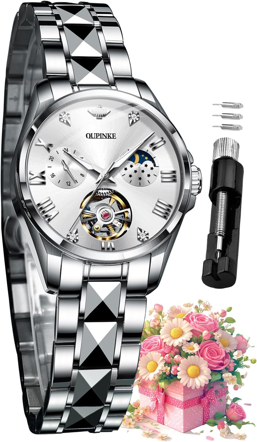 OUPINKE Women Automatic Watches Luxury Diamond Flywheel Two-Tone Stainless Tungsten Steel Band Moon Phase 24 Hours