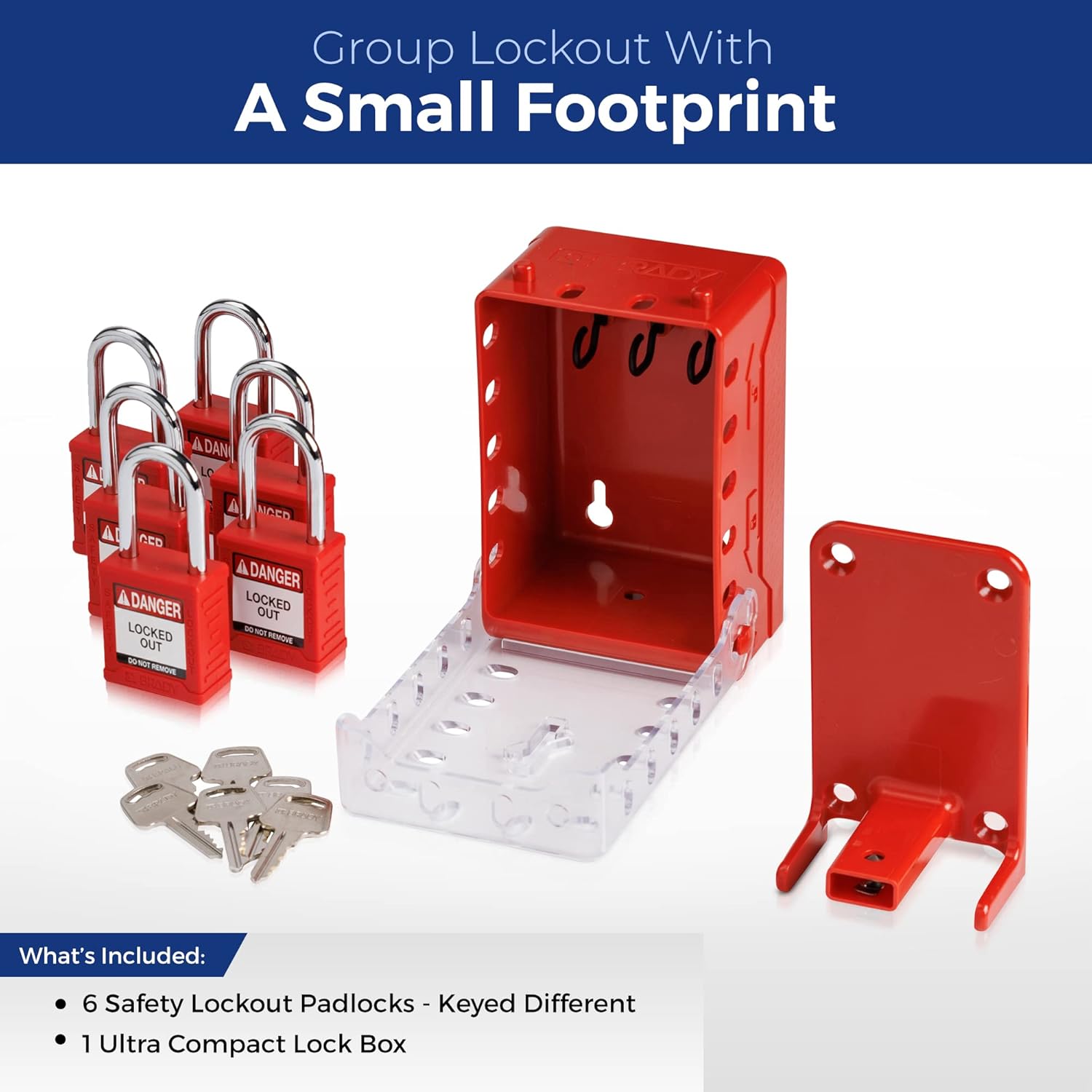 BRADY Portable Group Lock Box - Red, Wall Mounted, Plastic. Red Keyed Different Safety Padlocks Set (1 Key Per Lock) - 153675