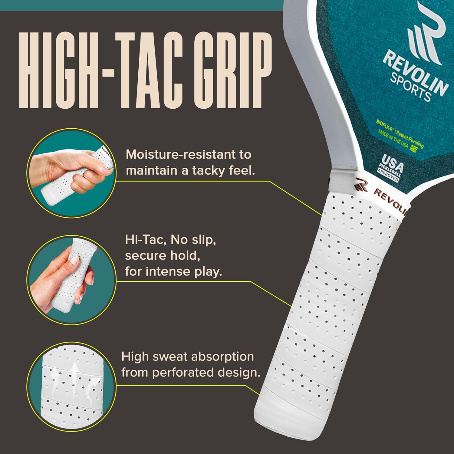 Revolin Sports | EcoGrips Pickleball Paddle Overgrips | Moisture-Resistant Pickleball Racket Grip Tape | Pickleball Grip Tape | Hi-Tac | No-Slip Grip | High Sweat Absorption | White