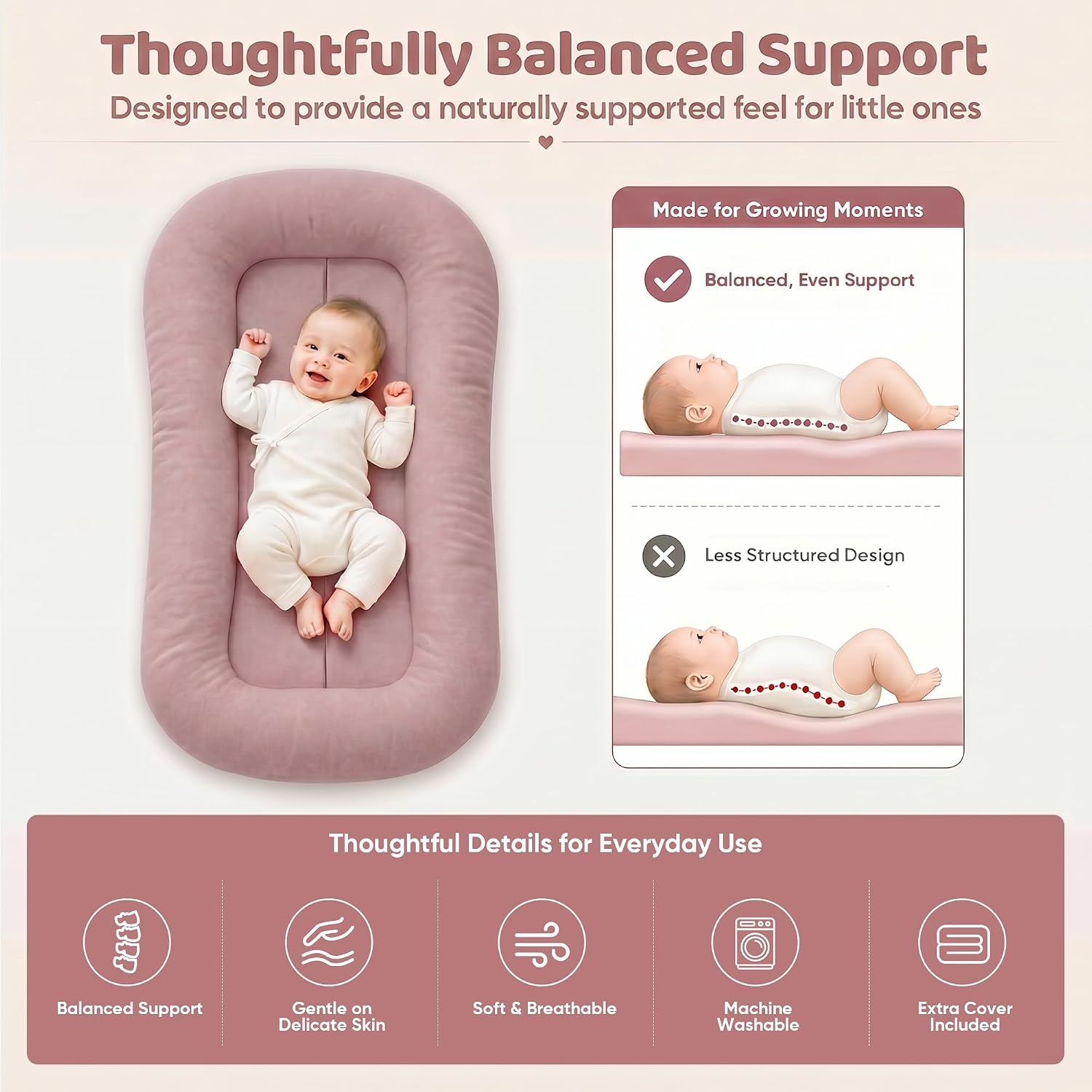 Infant Support Cushion - Breathable Cotton Baby Support Cushion for Babies 0-24 Months, Portable Tummy Time Mat for Home & Travel, Machine Washable, Perfect Baby Registry Gift, Pink
