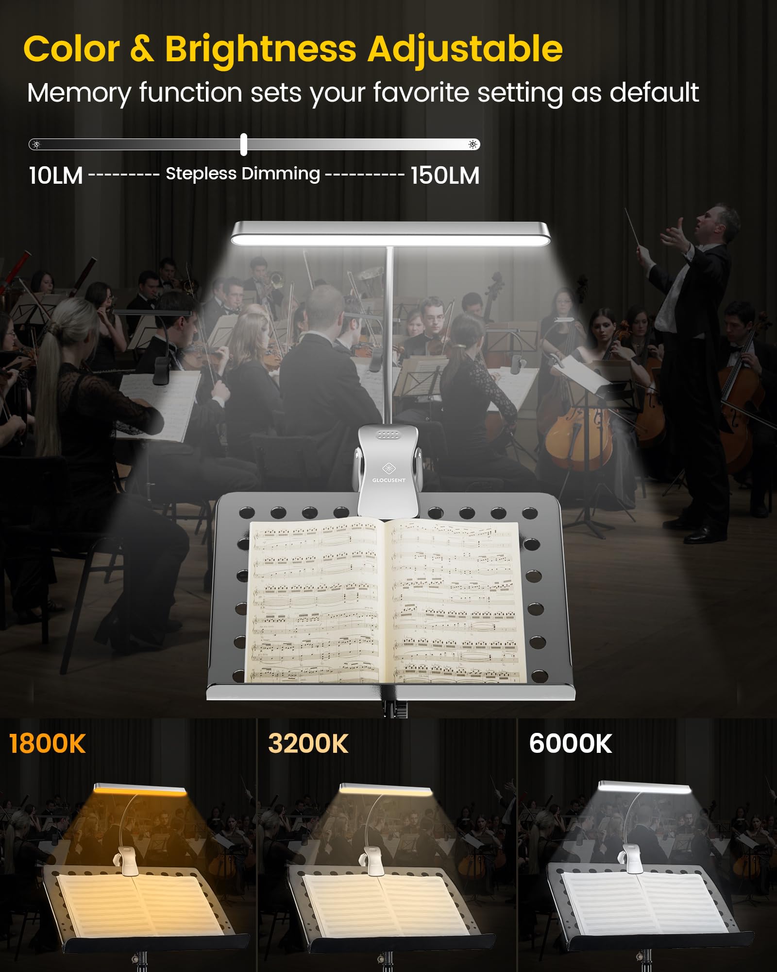 Glocusent 57 LED Lampada per Leggio Musicale, Lampada Pianoforte a Pinza, 3 Colori & 5 Luminosità, Caricabile USB-C, Dura 140 Ore, Ideale per Pianoforte, Spartiti, Chitarra (grigio)