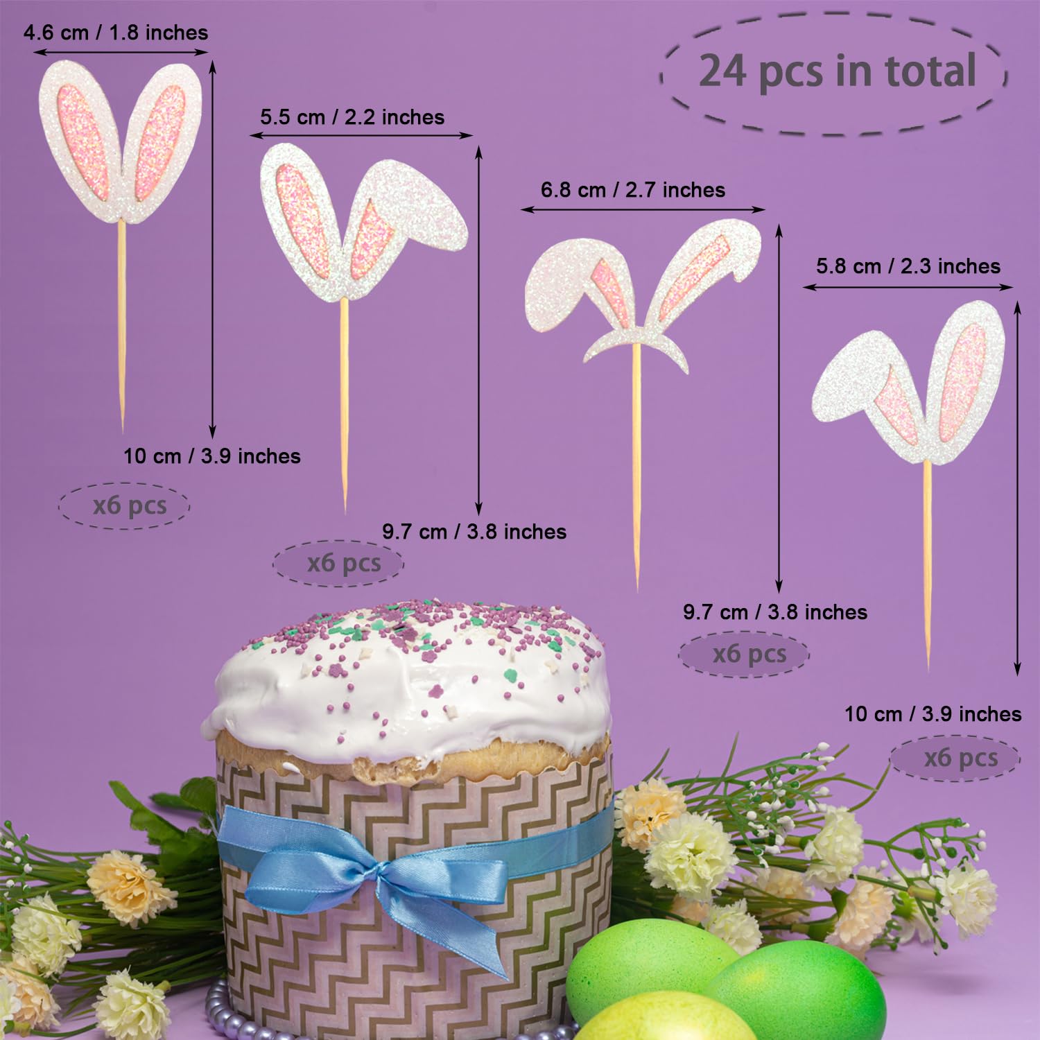 Chewarelly 24 Pack Easter Cupcake Toppers - Festive Decoration for Spring Baked Goods - Glitter Cardstock Material - Perfect for Easter Celebrations(Bunny Ear Design)