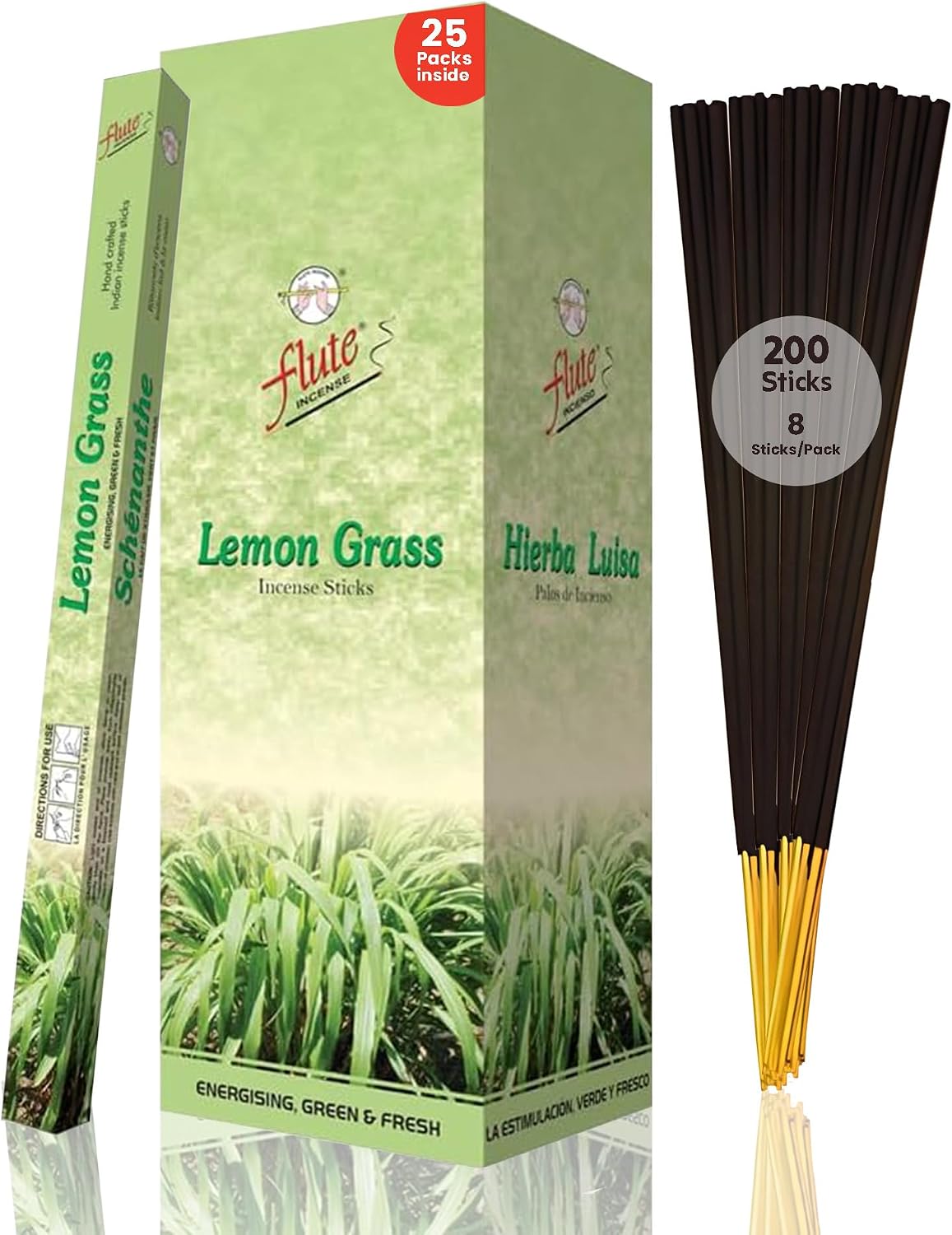 Flute Lemongrass Incense Sticks – Fresh Citrus Herbal Lemongrass Incense for Relaxation, Focus & Daily Refresh – 8 Sticks/Pack, 25 Packs/Box (9 Inch, 200 Sticks) | 40 Minutes Burn Time