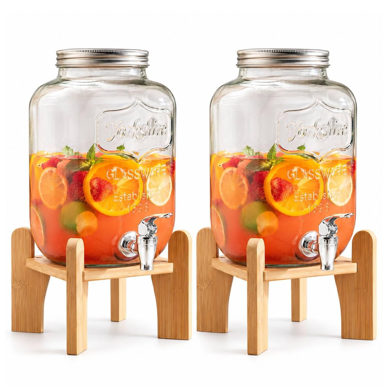 4L Water Dispenser with Tap, Glass Drink Dispenser with Bamboo Stand, White