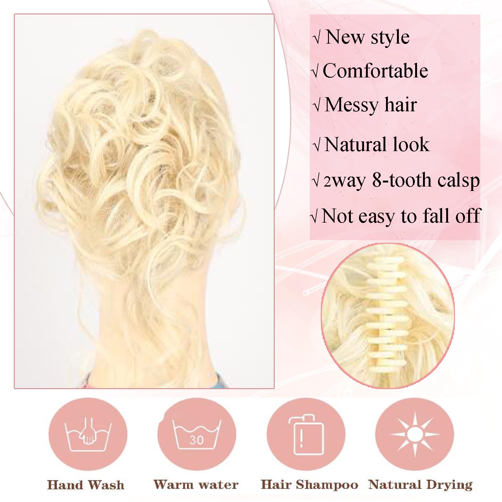 Claw Clip Messy Bun Hairpiece Curly Wavy Ponytail Tousled Updo Donut Chignon Synthetic Hair Extensions for Women Girls (#613) - Image 2
