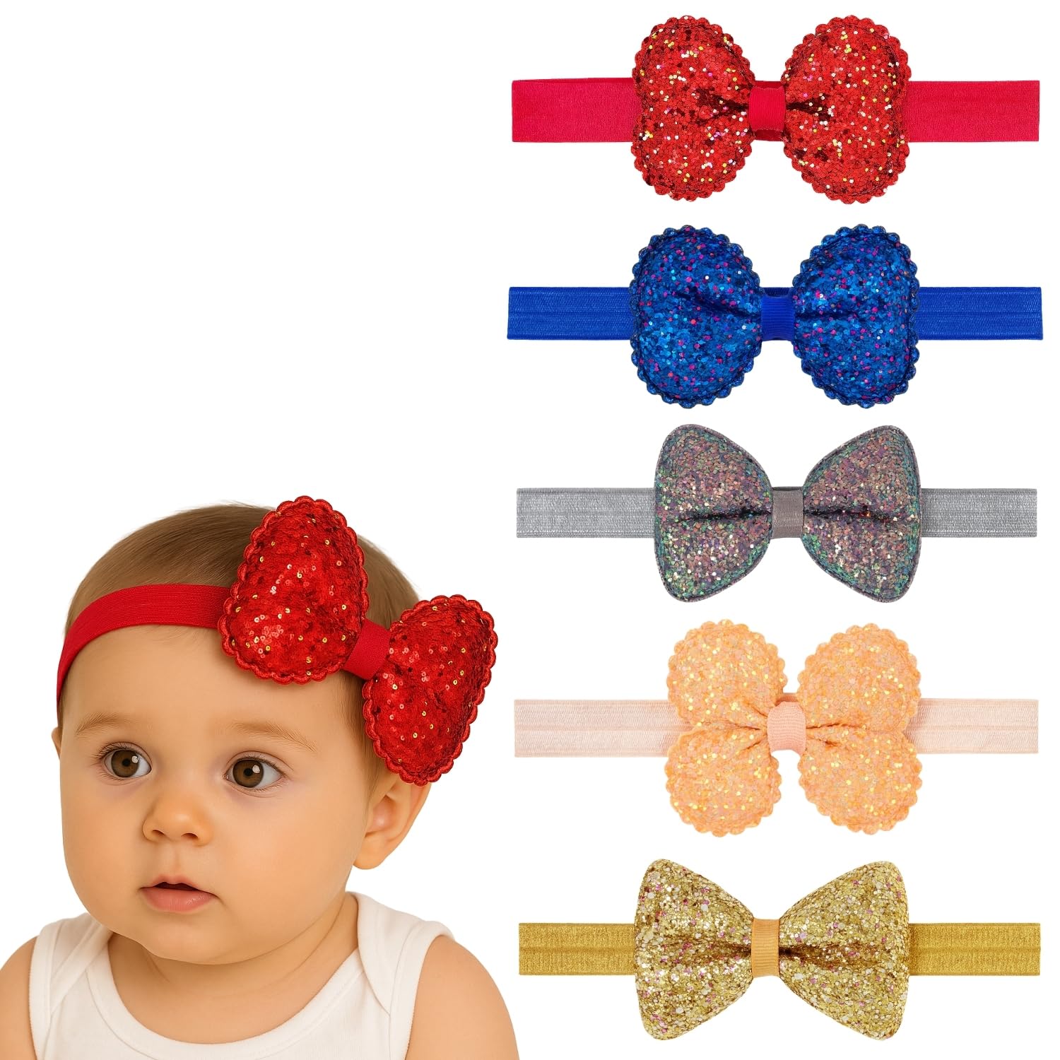 NAISHAM Elegant and Glitter Bow Headbands for Baby Girls – (Set of 5) Sparkly Multicolour Elastic Hairbands for Toddlers & Infants | Soft, Stylish & Comfortable-image-44