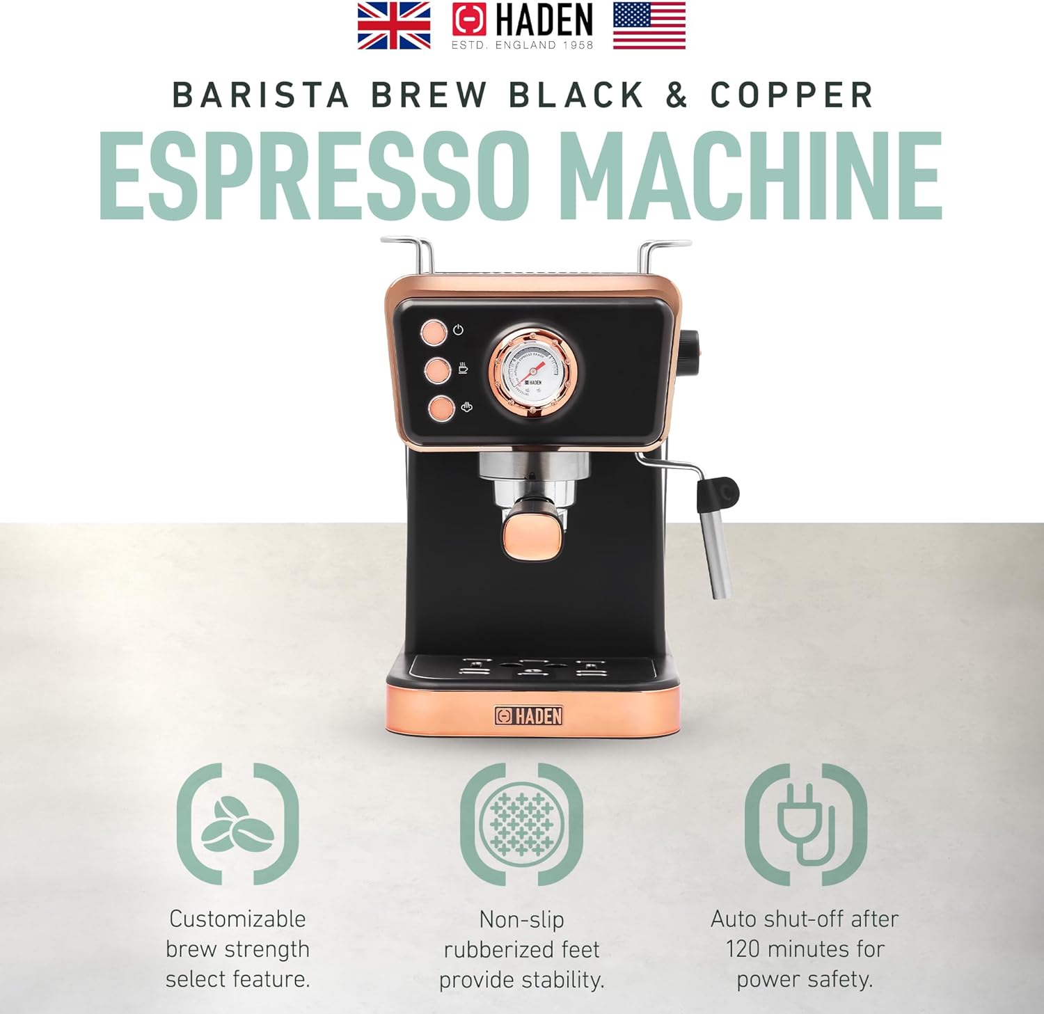 HADEN Barista Brew Espresso Coffee Machine, Stainless Steel Espresso Maker with Milk Frother and Steamer Function and 1.5L Water Tank, Black & Copper