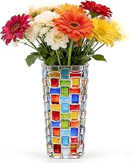 Handcrafted Colorful Glass Flower Vase - 7.7 Inch Woven Mosaic Crystal V...