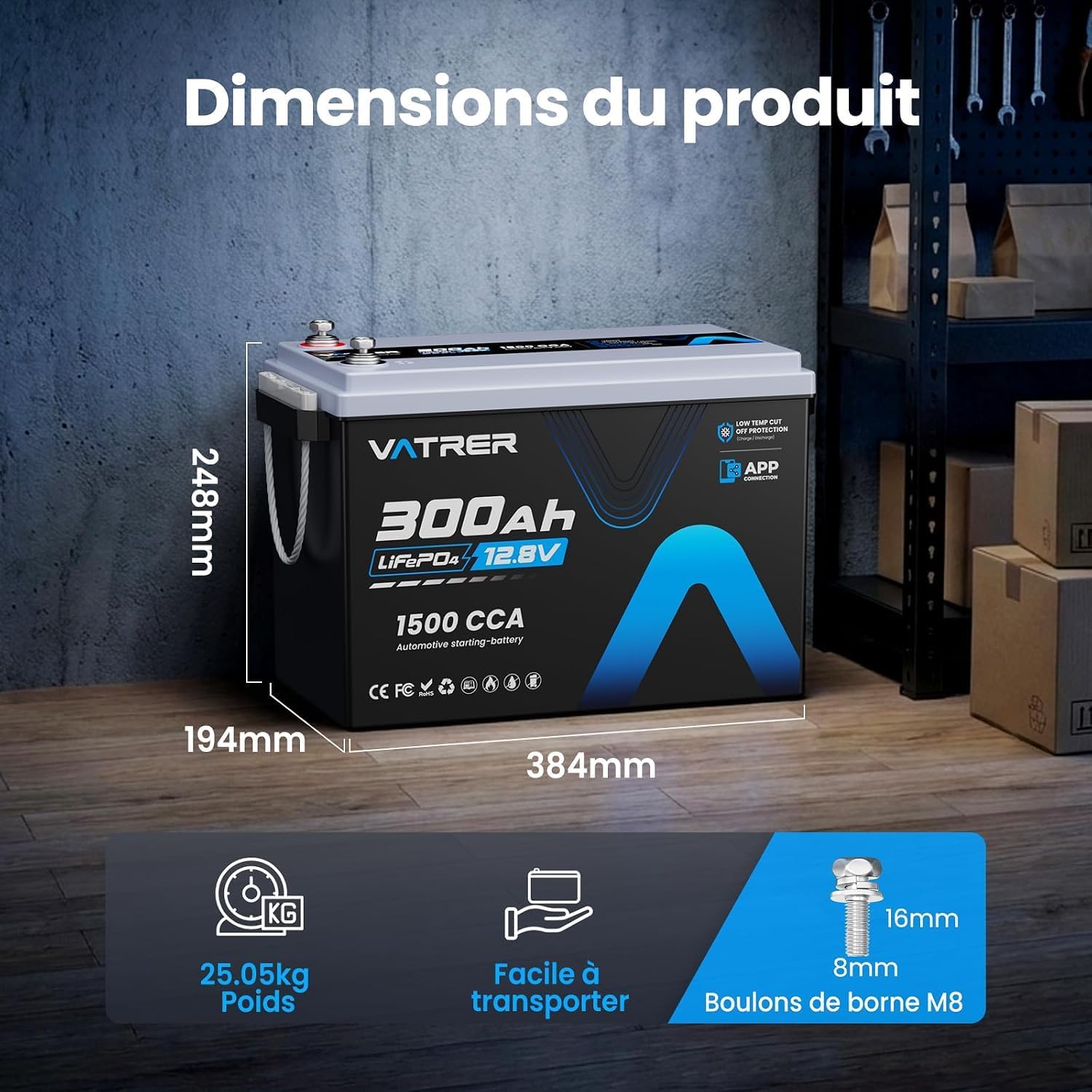 VATRER POWER Batteria al litio LiFePO4 da 12 V, 300 Ah, con monitoraggio tramite app