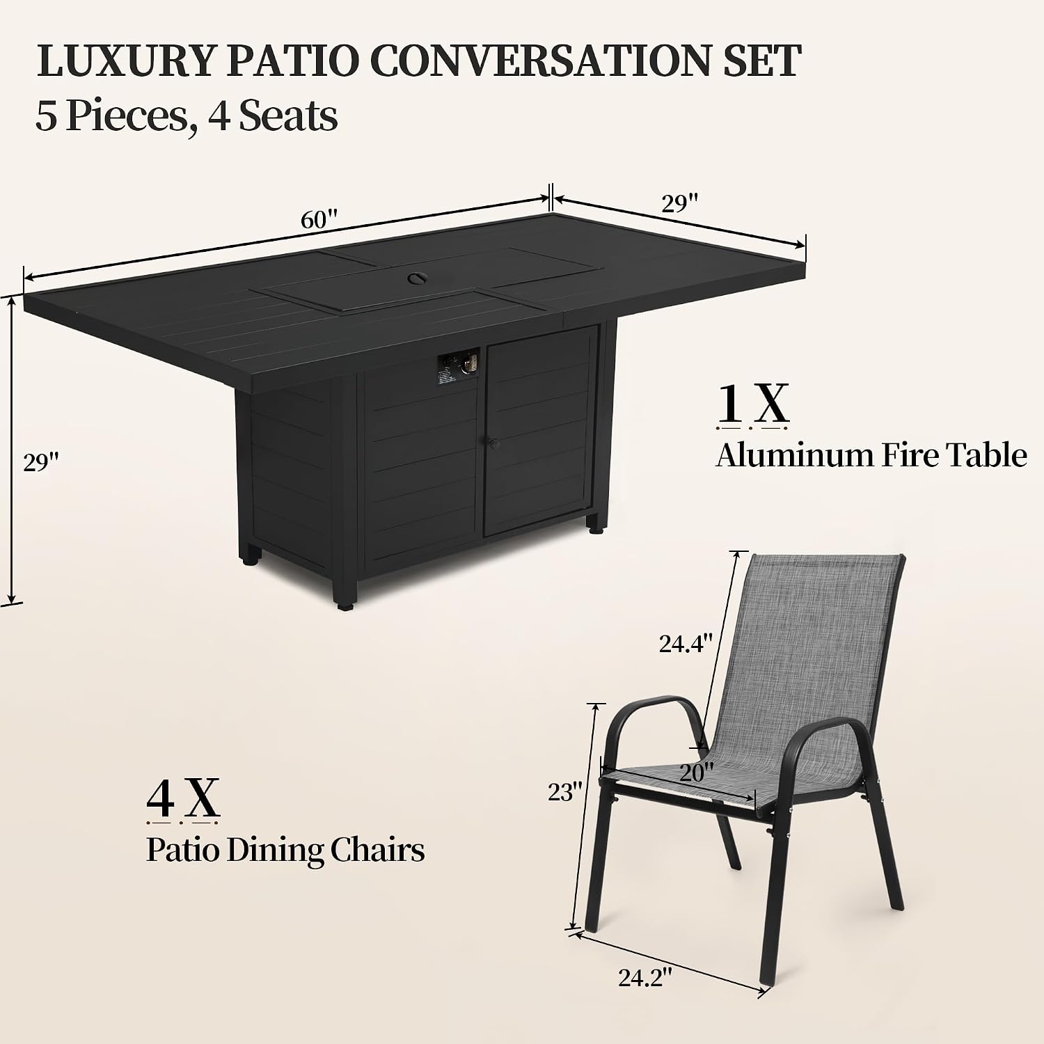 PIZZELLO 5-Pieces Patio Furniture Set w/ 60" Firepit Table and 4Pcs Patio Chairs, 50,000 BTU Aluminum Gas Fire Table and Stackable Dining Chairs, Outdoor Conversation Dining Set for Backyard