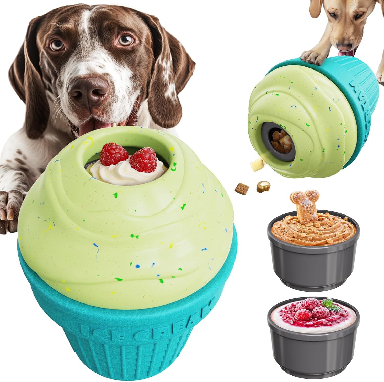 KADTC L, 3-in-1, Frozen Treat Dog Toy, Kibble Dispenser & Chew & Lick Ball | Two prep-ahead cups skip messy unmolding, swap fast and keep pets focused through grooming, nail trims, crate time and meals.