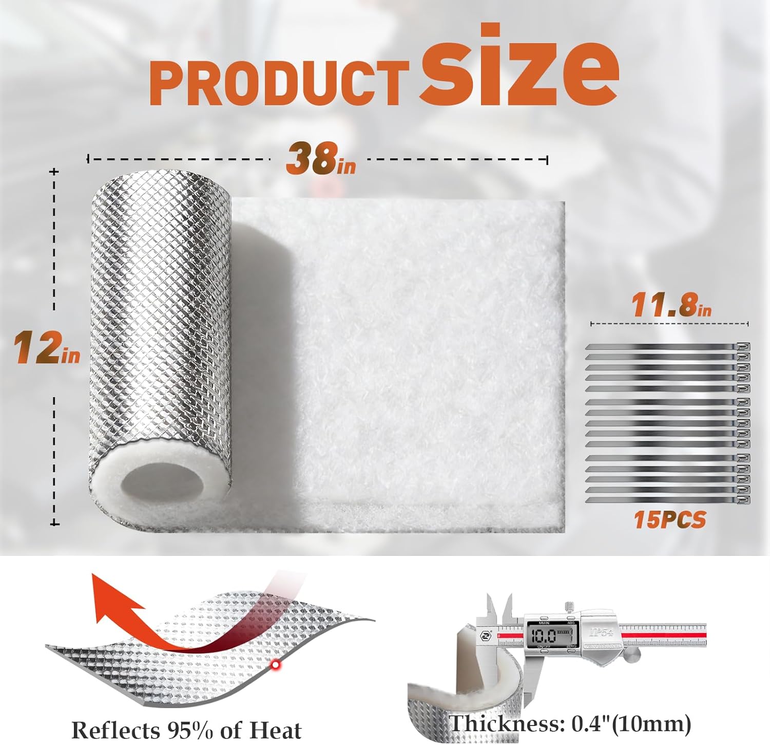 Exhaust Heat Shield Automotive, 12" x 38" x 0.4" High-Temperature Resistant Fiberglass Cotton Aluminum Heat Shield Wrap - Reflects 95% of Radiant Heat, Muffler Exhaust Wrap for Car, with 15 Metal Ties