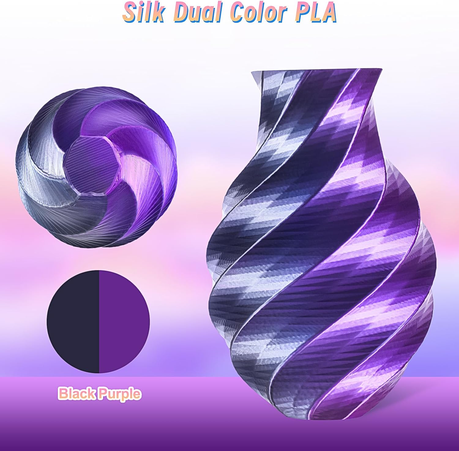 ERYONE Silk Dual Color PLA Filament 3D Printer 1.75mm +/- 0.03mm, Bicolor Filament Two Tone PLA Bundle 2KG Cardboard Spool, Black Purple