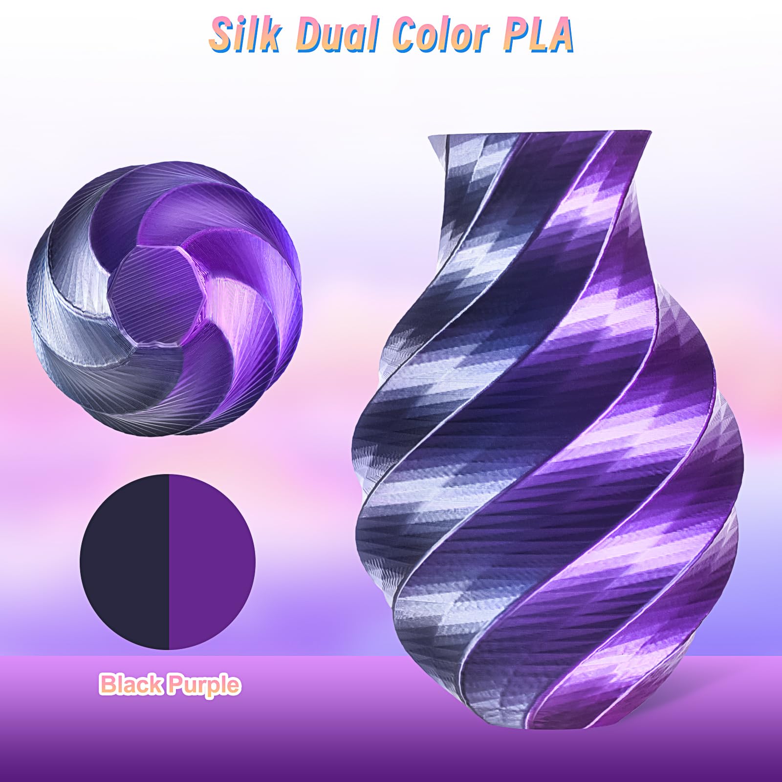 ERYONE Silk Bicolor Filamento PLA 2 kg Impresora 3D 1,75 mm +/- 0,03 mm Seda Coextrusión PLA Filamento Brillante Lote de 2 bobinas de cartón de 1 kg (2,2 LB) Seda Negro y Púrpura