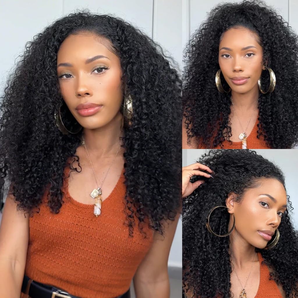Afro Curly Half Wig Human Hair 200 Density Kinky Curly Half Wig 3 In 1 Flip Over Wigs for Black Women, Glueless Wigs Human Hair with Drawstring Beginner Friendly Burmese Curly Wig 22 Inch