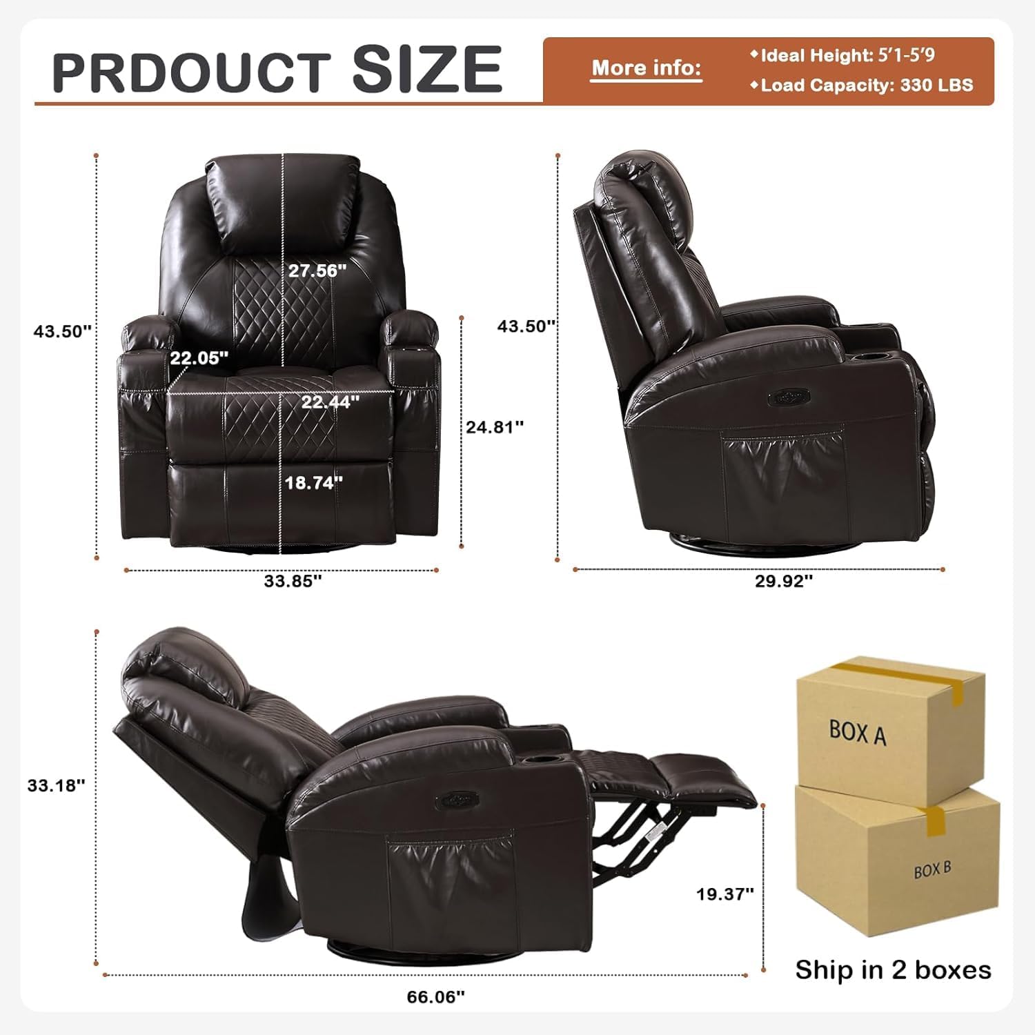 Power Swivel Rocker Recliner Chair for Adults - Rocking Recliner with Heat and Massage/Cup Holder/LED Lights/USB-A & USB-C Ports/Side Pocket for Living Room (PU Brown, 1-Seater)