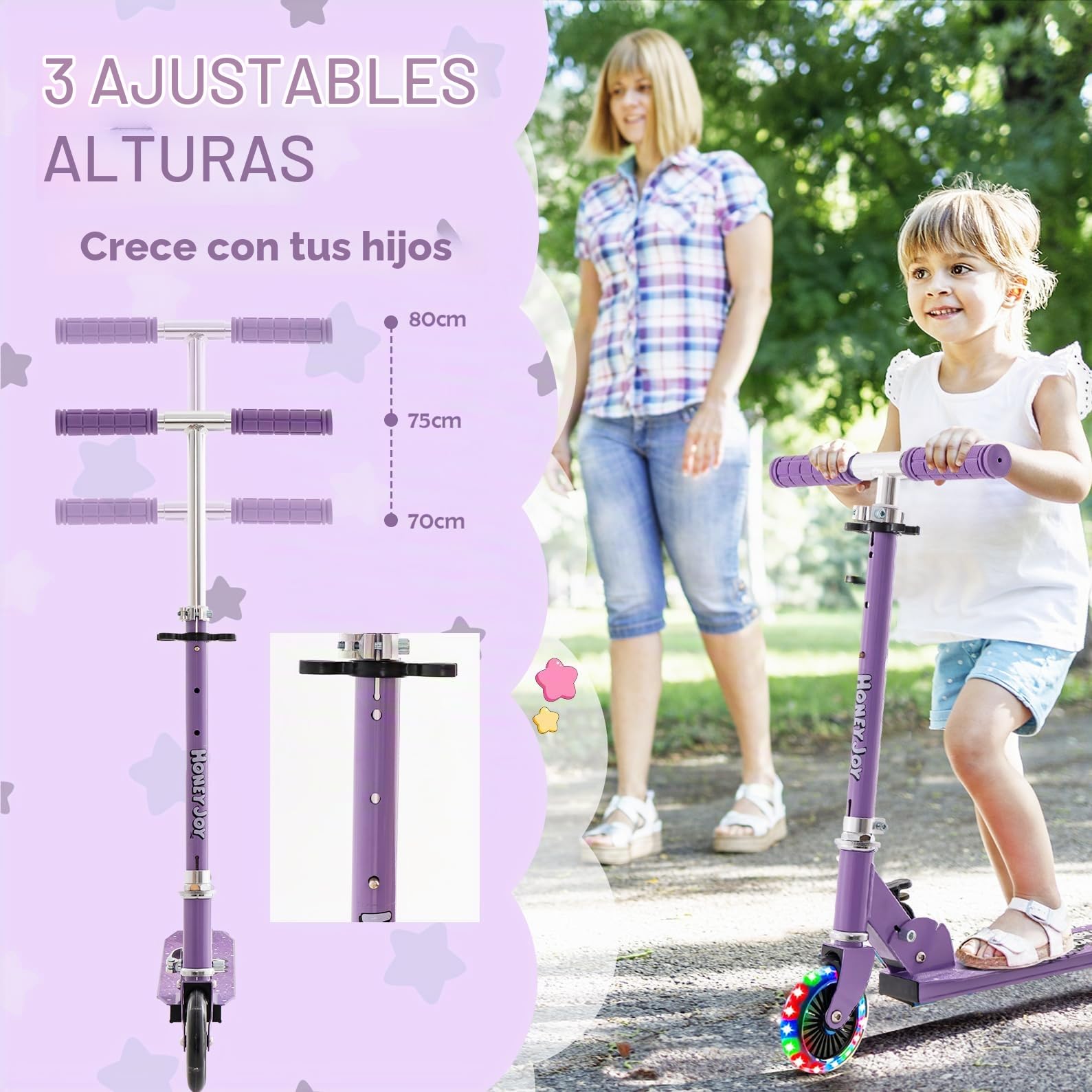 KOMFOTTEU Patinete para Niños, Patinete Infantil con 2 Ruedas LED y Freno, Monopatín Plegable con 3 Alturas Ajustables, Scooter de Aluminio con Carga 50 kg, para Niños
