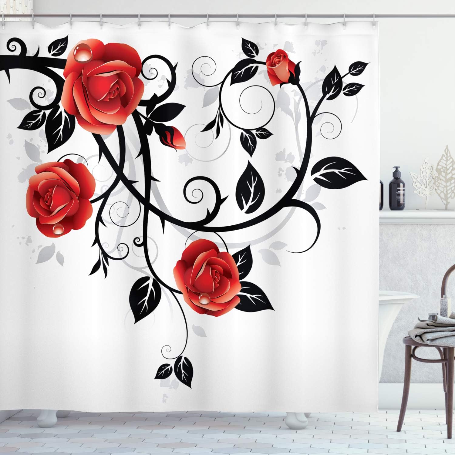 Ambesonne Gothic Shower Curtain, Ornate Swirling Branches Roses Garden Flower Grunge Style European, Cloth Fabric Bathroom Decor Set with Hooks, 69" W x 70" L, Vermilion Black White