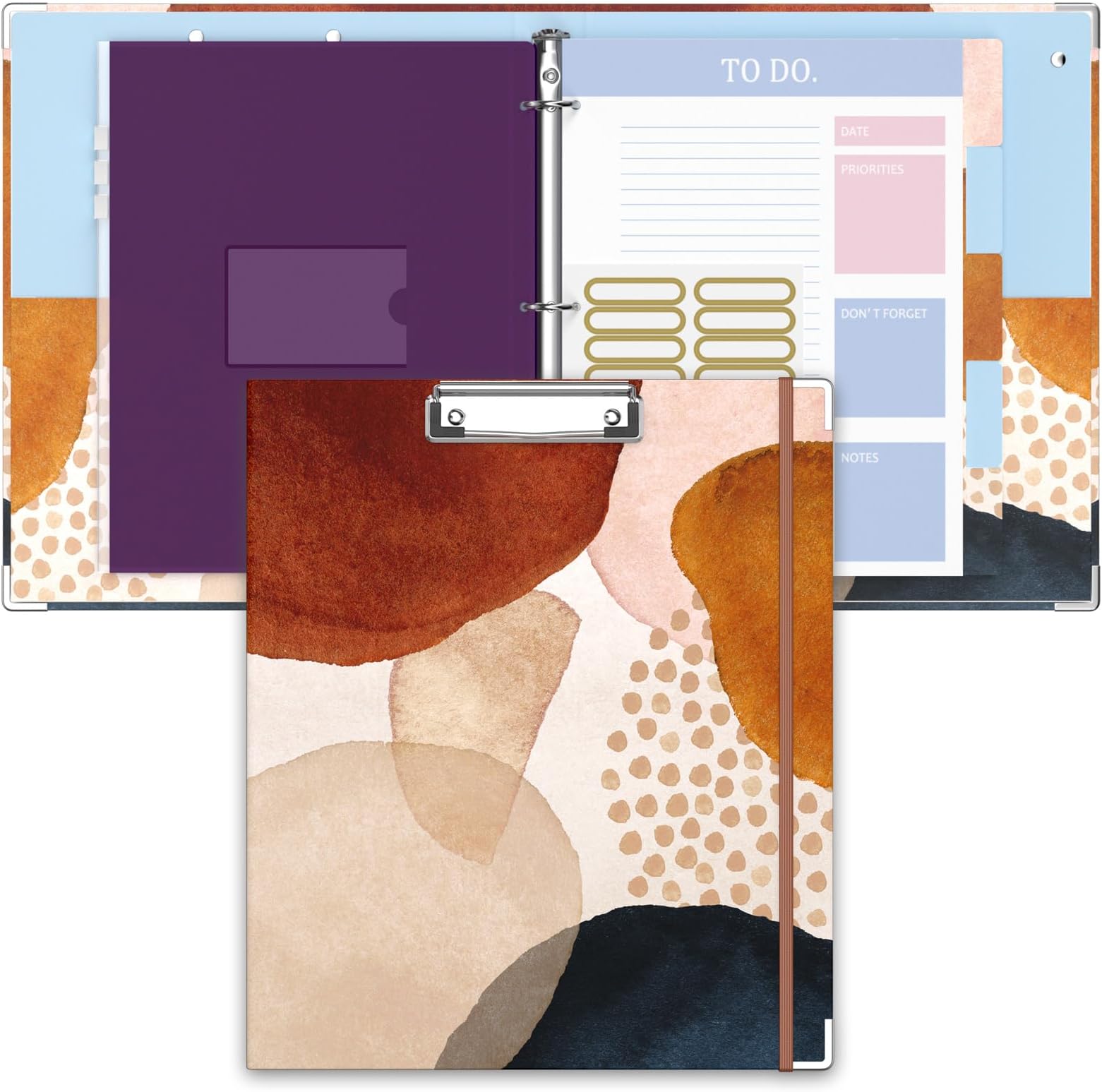 3 Ring Binder, 1 Inches Round Ring Binder with Clipboard, Dividers Tabs, PVC Zipper Bag Sleeves & to Do List Planners for Women, Men, School, Office Supplies, Abstract Art