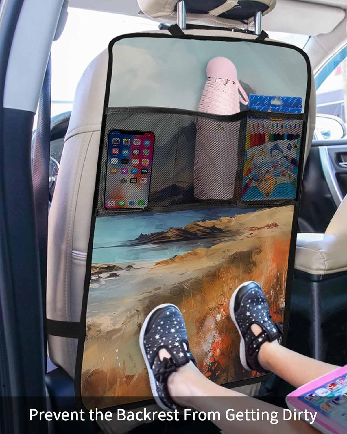 T&H XHome Car Seat Protector, 2 Pack Kick Mats with Organizer - 3 Pocket Storage, Natural Landscape Mountain Cloud and River Back Seat Cover for Kids Universal Fit Automotive Interior Protectors
