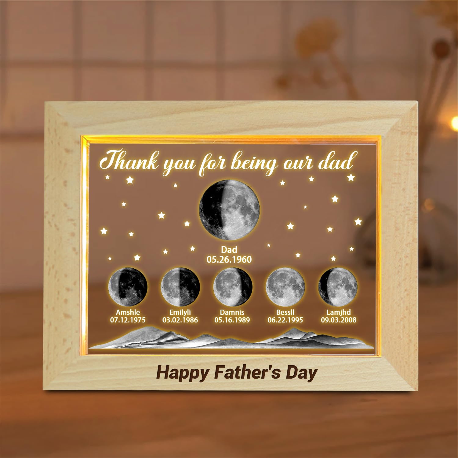 VWCSDSCS Thank You for Being Our Dad Personalized Moon Phase Frame with LED Night Light for Father,Custom Name Date Fathers Day Gift for Husband Grandpa