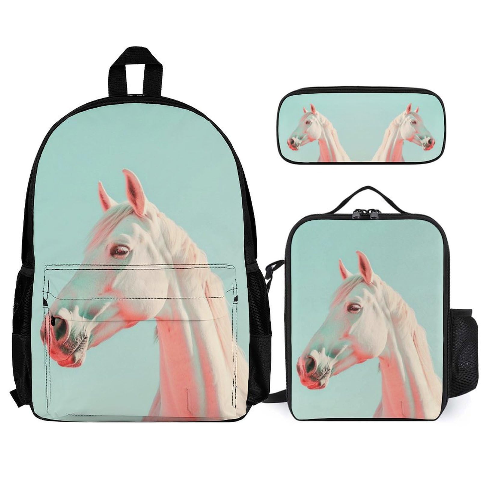 Set de Mochila Caballo Estudiantes con Bolsa Térmica y Estuche, Mochila Escolar Animal Caballo Niña 8-12 Años para Escuela Primaria y Uso Diario