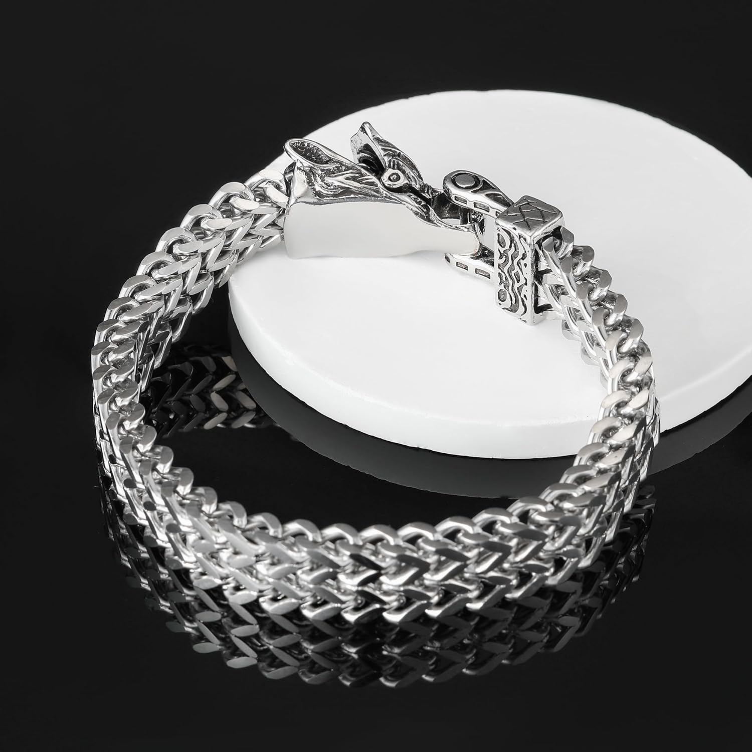 HANRESHE Men's Dragon Head Bracelet, Stainless Steel Cuban Link Chain, Viking Style Clasp, Silver - Image 3