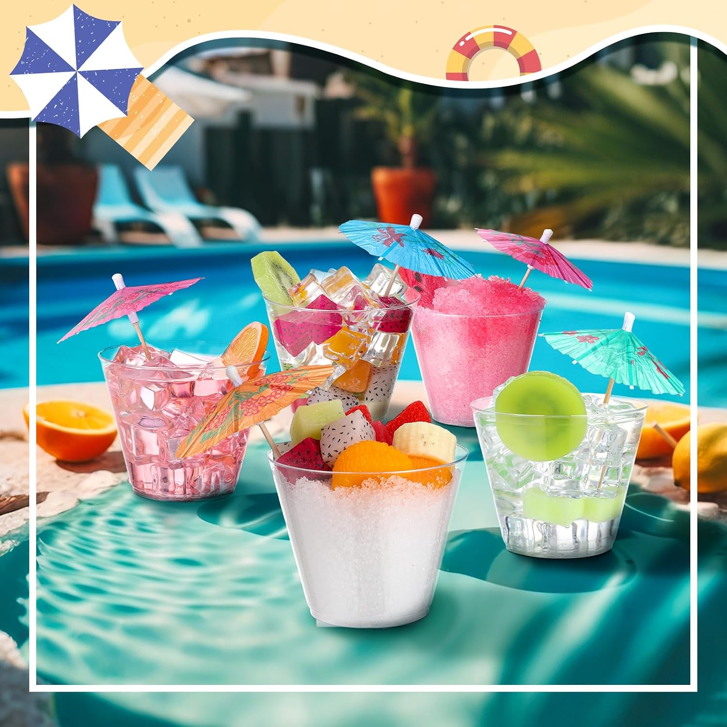 FoldTier 100 Pcs Cocktail Drink Umbrella Picks with 100 Pcs 9oz Clear Plastic Cups Set Colorful Paper Toothpicks Mini Disposable Drinking Cups Supplies for Hawaiian Luau Party Wedding Festival