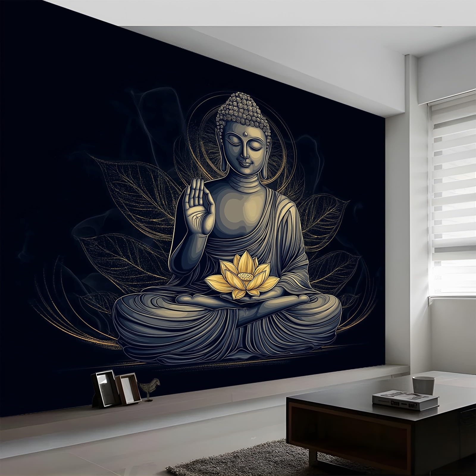 Generico Carta Da Parati Soggiorno Meditazione Loto Nero 250x175 cm Fotomurali Moda Decorazione da Muro Poster Carta per pareti 3D, per Camera Letto, Ufficio, Cameretta Bambini