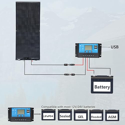 Miniatura 6 de XINPUGUANG Panel solar flexible de 100 W, 12 V, kit de sistema solar monocristalino, controlador de carga de 10 A, cable de extensión, carga para