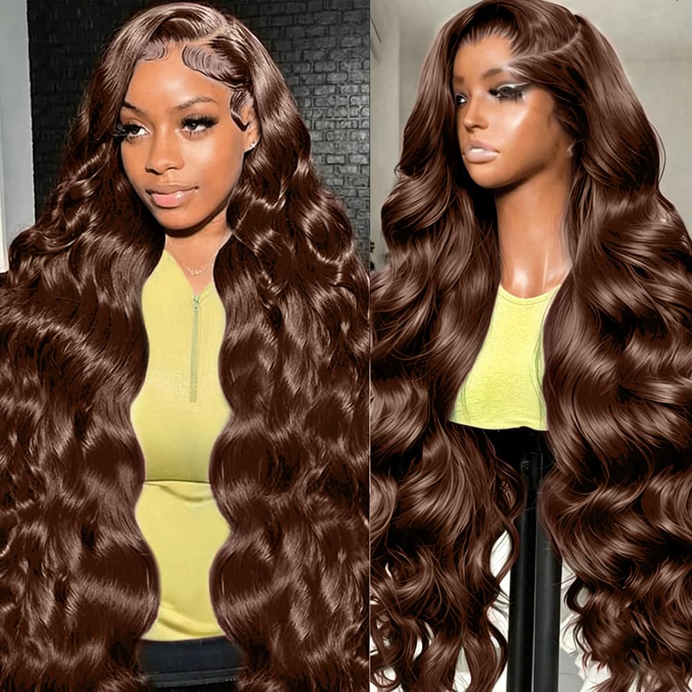 30 inch Chocolate Brown Lace Front Wig Human Hair 200 Density Body Wave 13x6 HD Lace Front Wigs Pre Plucked 4# Colored Frontal Glueless Brown Human Hair Wig for Women