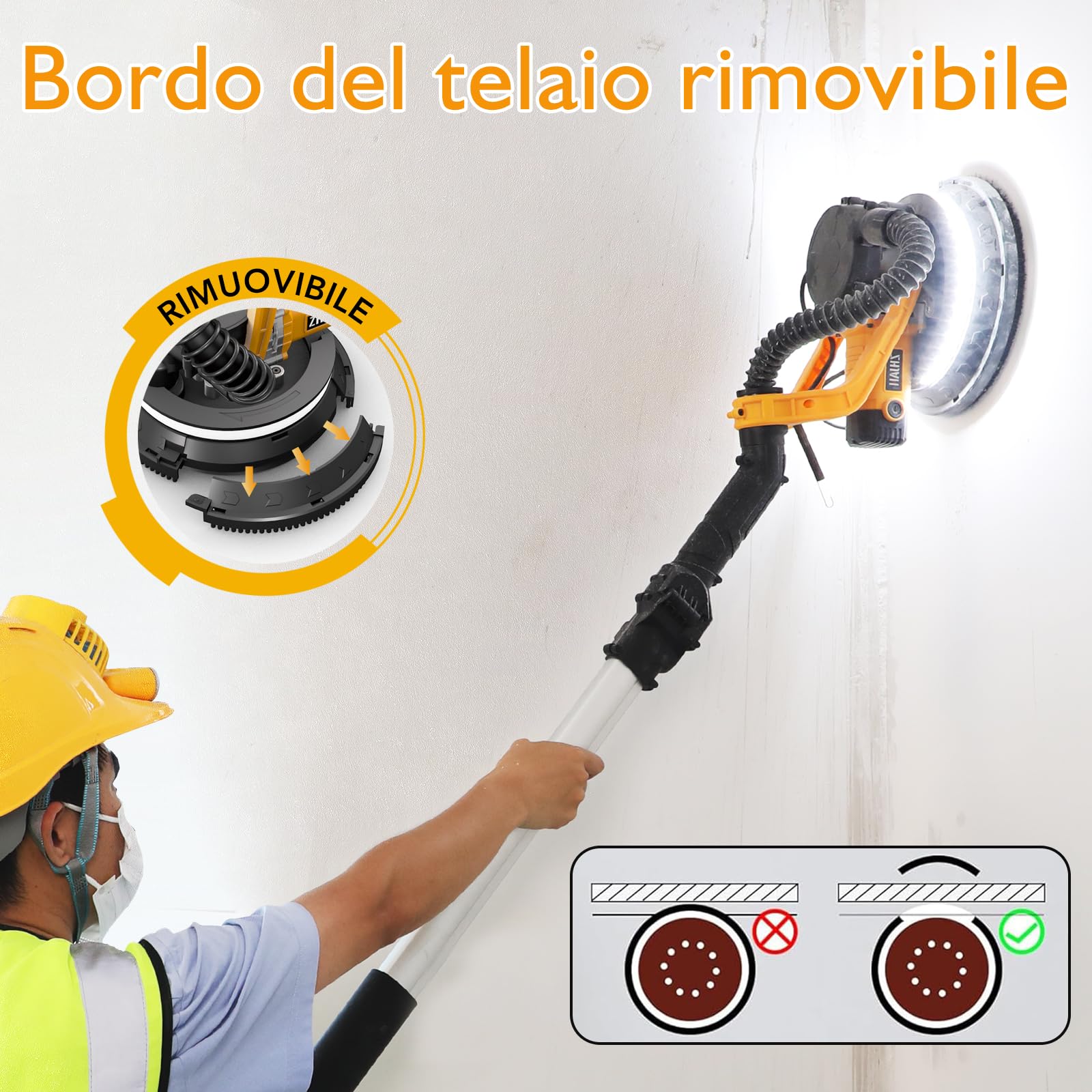 Levigatrice per Muro con Aspiratore 880W, Giraffa Levigatrice Professionale, Impugnatura Telescopica fino a 180cm, 5 Velocità Regolabile 1000-2100 RPM, Luce LED, per Cartongesso e Intonaco