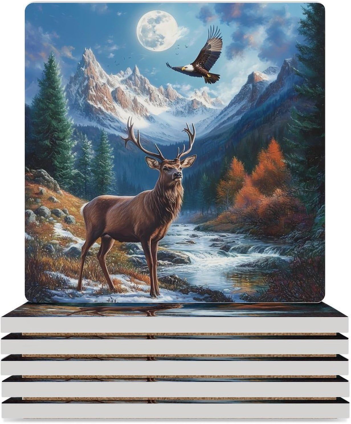Deer Eagles1 Moon Funny Ceramic Coasters for Drink Absorbent Cup Holders Tabletop Protection