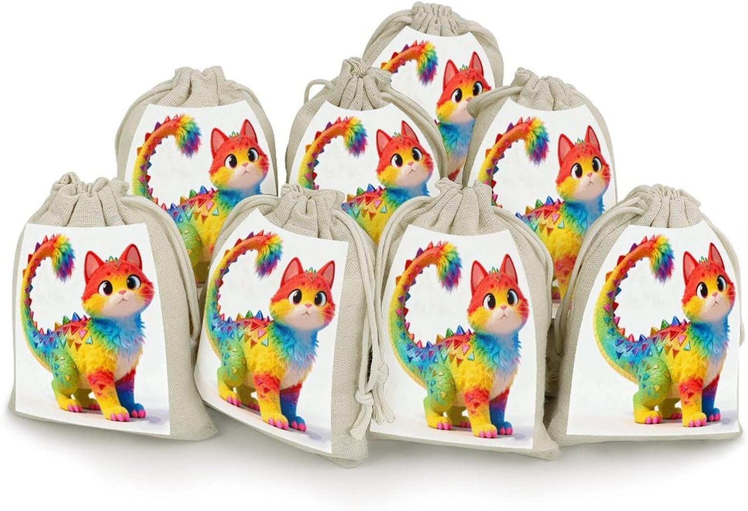 VstaDank Colorful Dinosaur Cat Small Burlap Bags with Drawstring