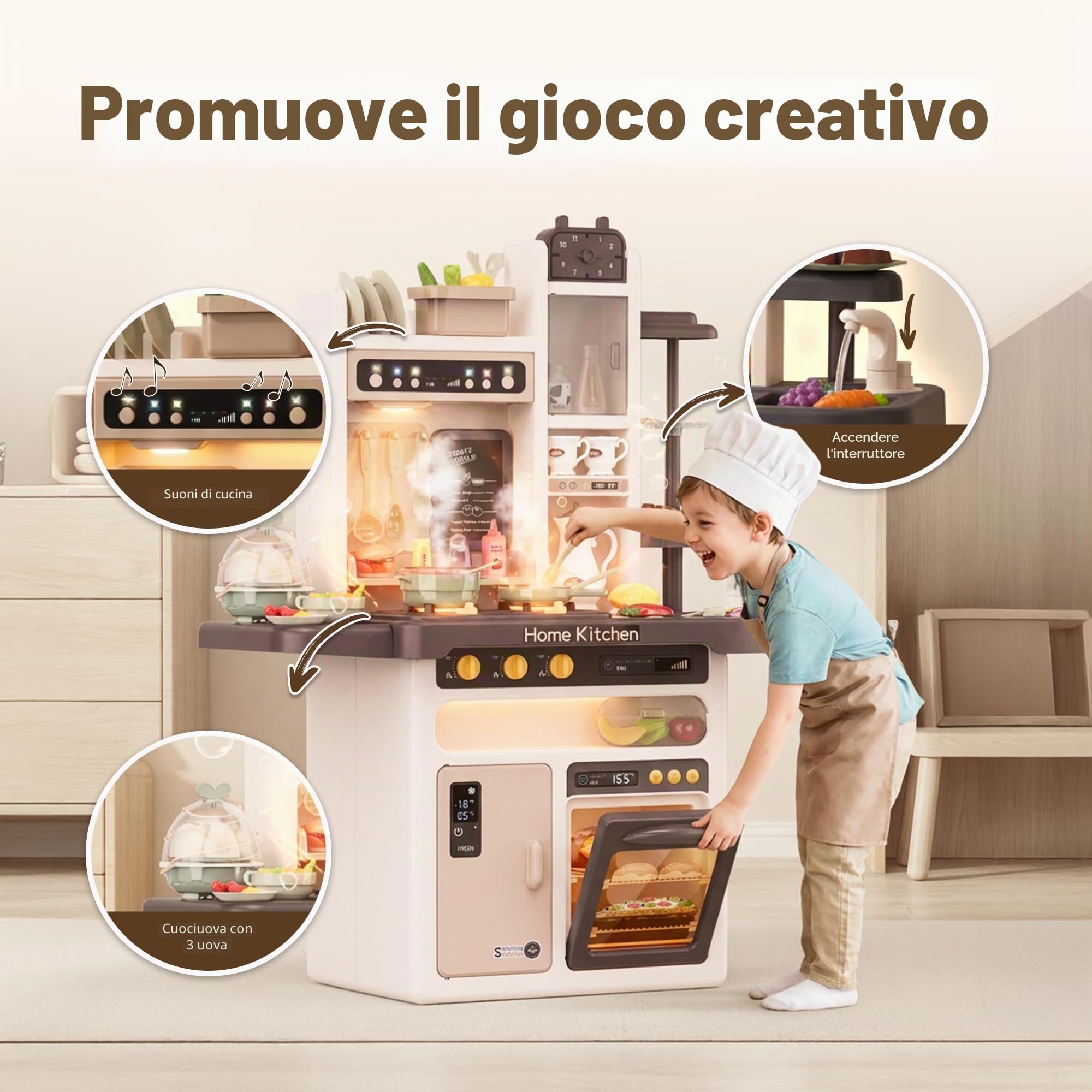 Kinderplay Cucina giocattolo per bambini – Vapore sicuro, luci e suoni – Gioco di imitazione 3+ con rubinetto a pompa – 65 accessori, 71×28,5×93,5 cm, KP3297